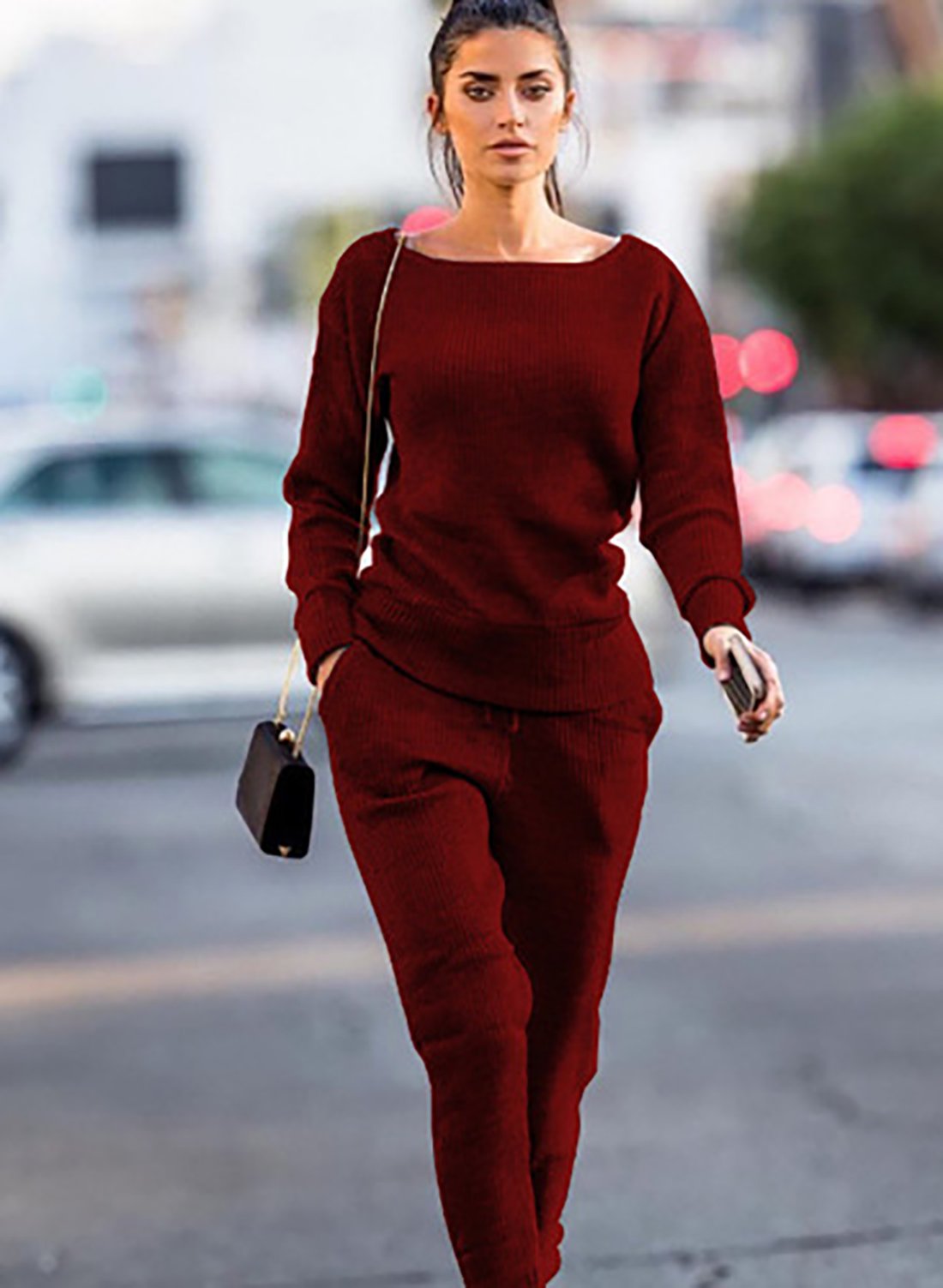 Women Fall Wide Neck Casual Two Pieces Set