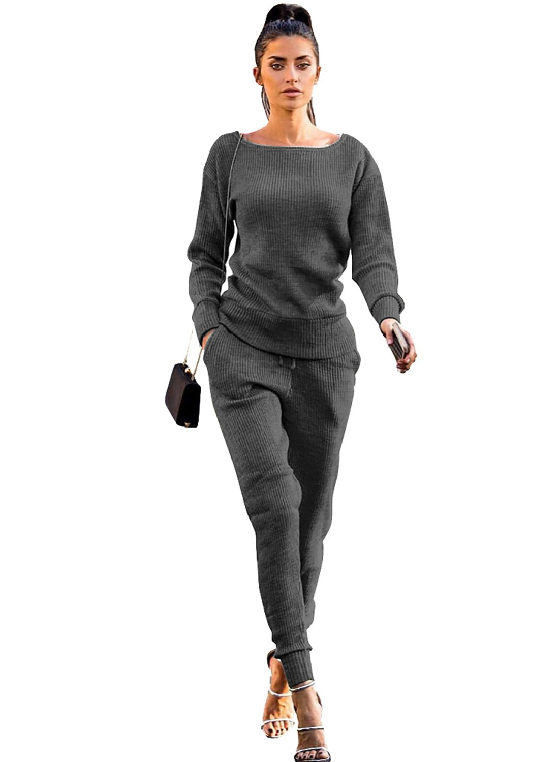 Women Fall Wide Neck Casual Two Pieces Set