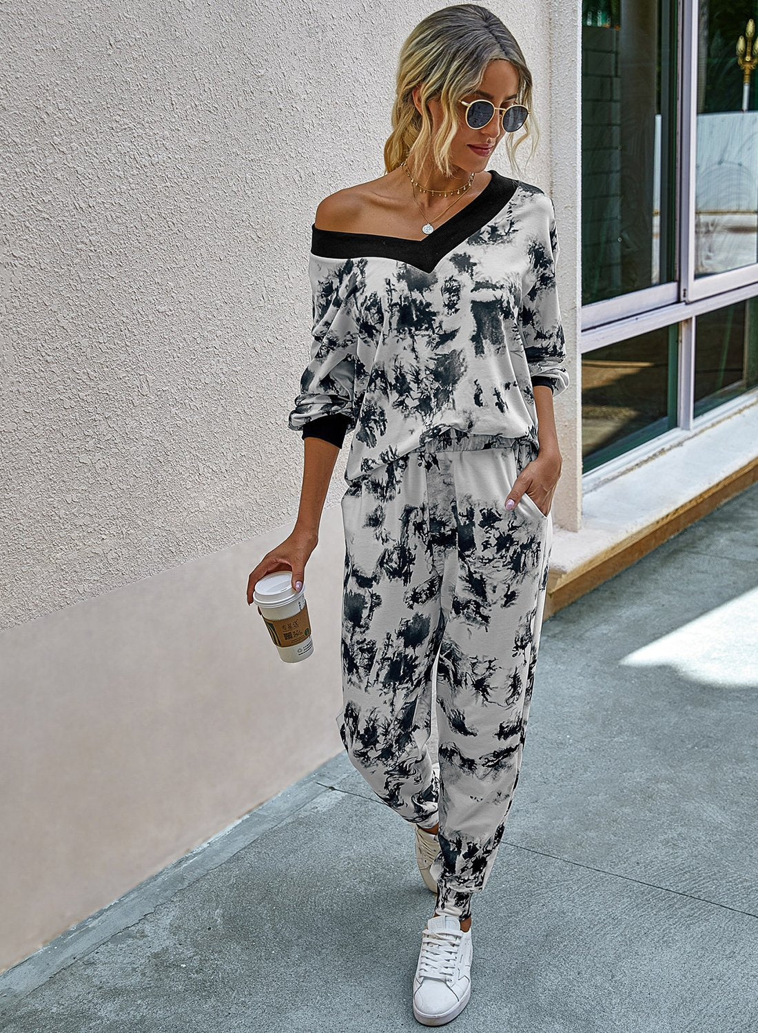 Women Fall V Neck Leopard Casual Two Pieces Sets