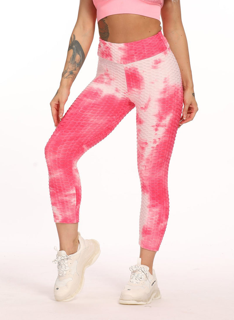 Stretchy Textured Tie-dyed Ruched Sports Cropped Leggings