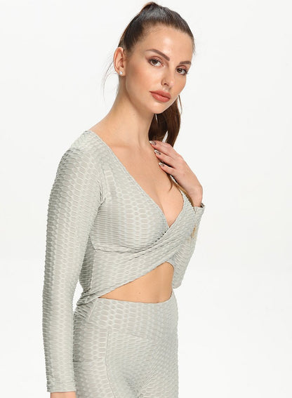 Sexy V Neck Long Sleeve Cross Design Women Sport Top