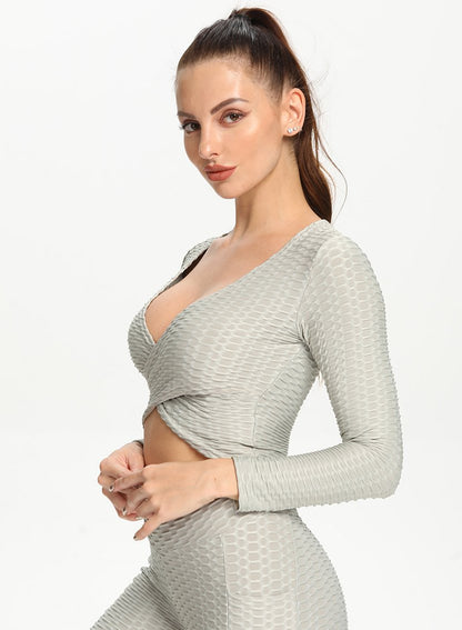Sexy V Neck Long Sleeve Cross Design Women Sport Top
