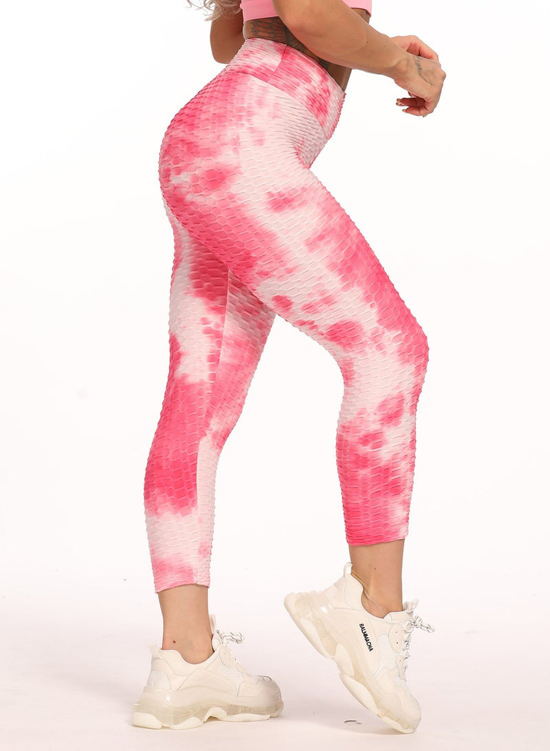 Stretchy Textured Tie-dyed Ruched Sports Cropped Leggings