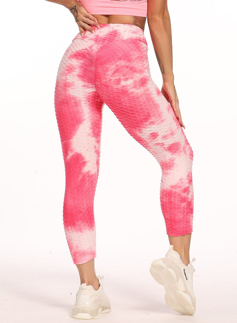 Stretchy Textured Tie-dyed Ruched Sports Cropped Leggings