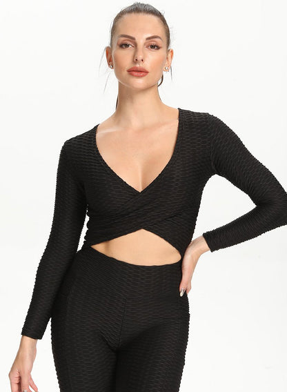 Sexy V Neck Long Sleeve Cross Design Women Sport Top