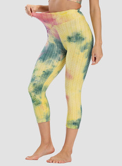 Fittoo Tie-dyed Ruched Leggings Textured Scrunch Butt Honeycomb Leggings