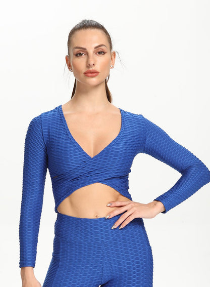 Sexy V Neck Long Sleeve Cross Design Women Sport Top