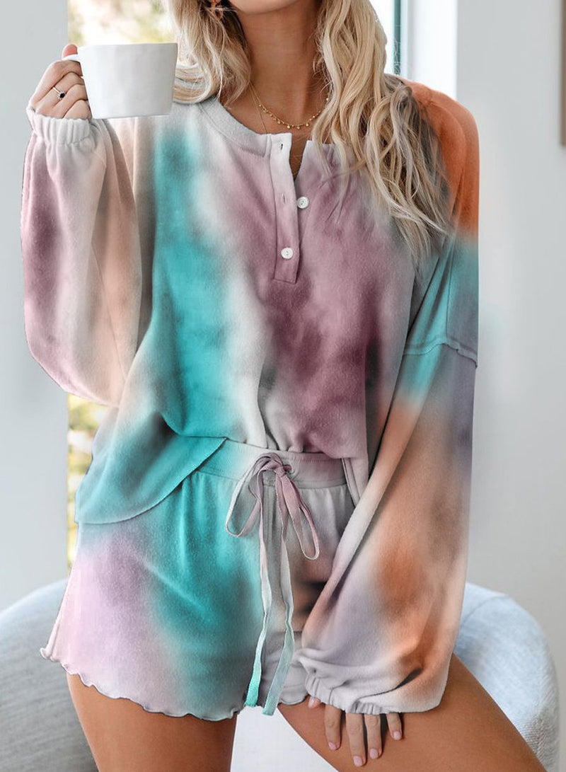 White+Light Purple Plus Size 3XL Tie-dyed Long Sleeve and Short Sets