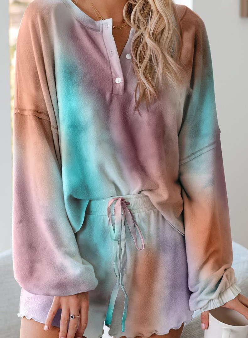 White+Light Purple Plus Size 3XL Tie-dyed Long Sleeve and Short Sets