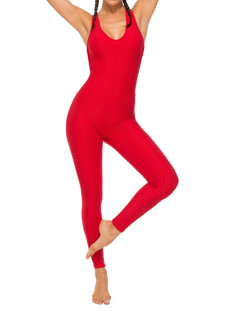Women's Solid Color Backless Textured Yoga Jumpsuits
