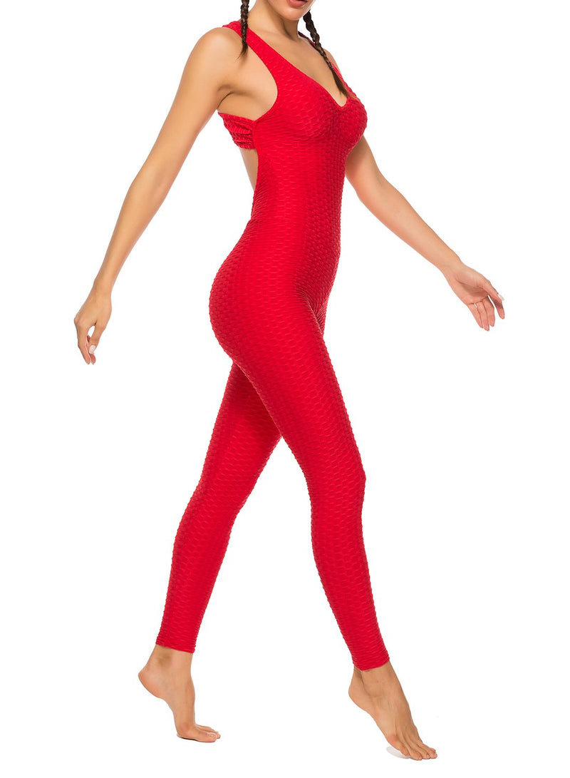 Women's Solid Color Backless Textured Yoga Jumpsuits