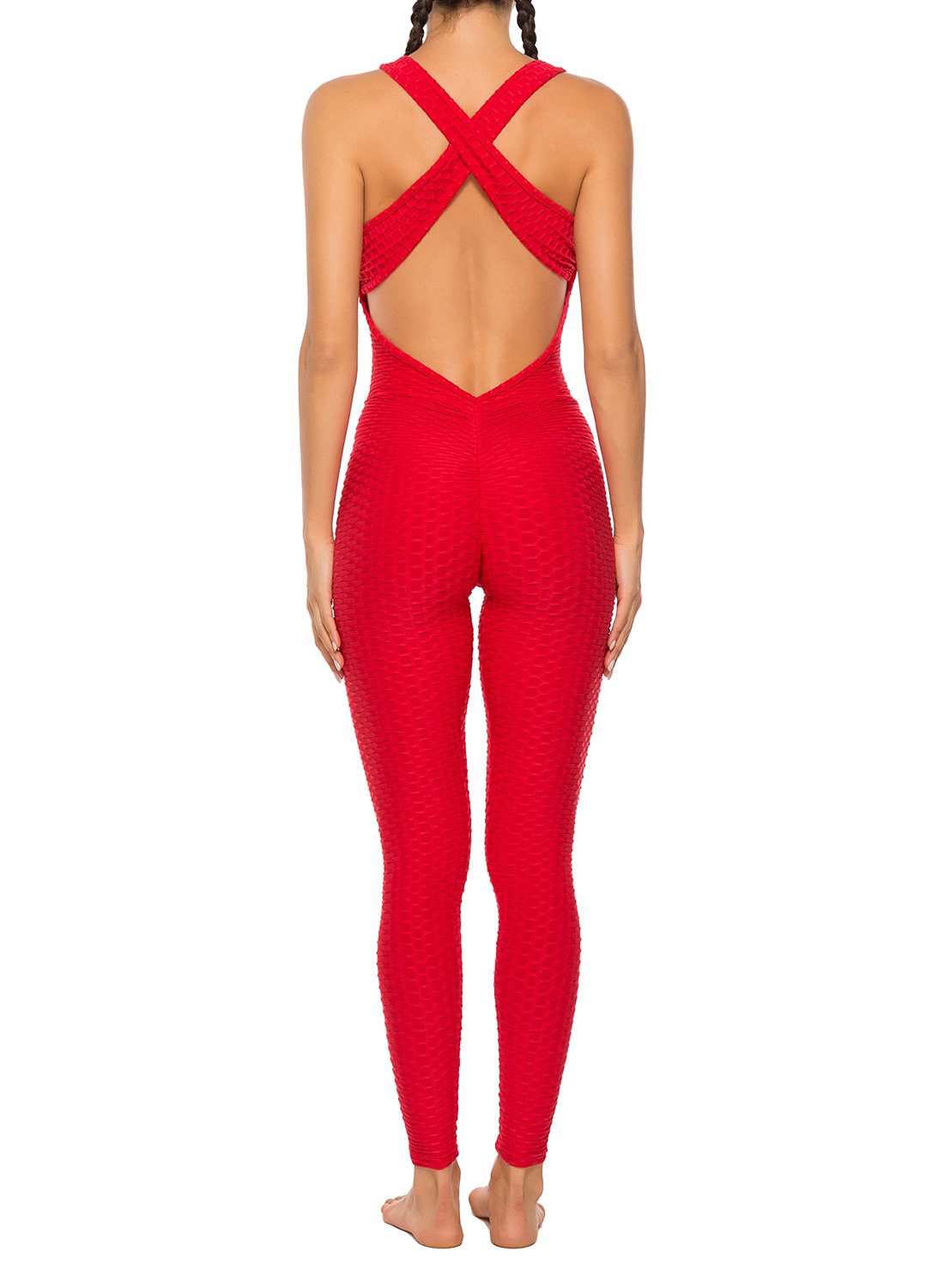 Women's Solid Color Backless Textured Yoga Jumpsuits