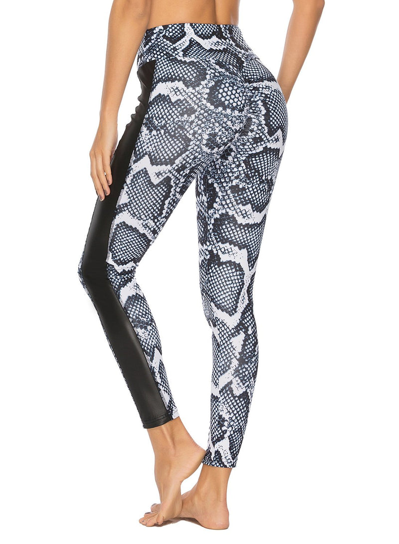 Snake Print and Leather Stitching Leggings-JustFittoo