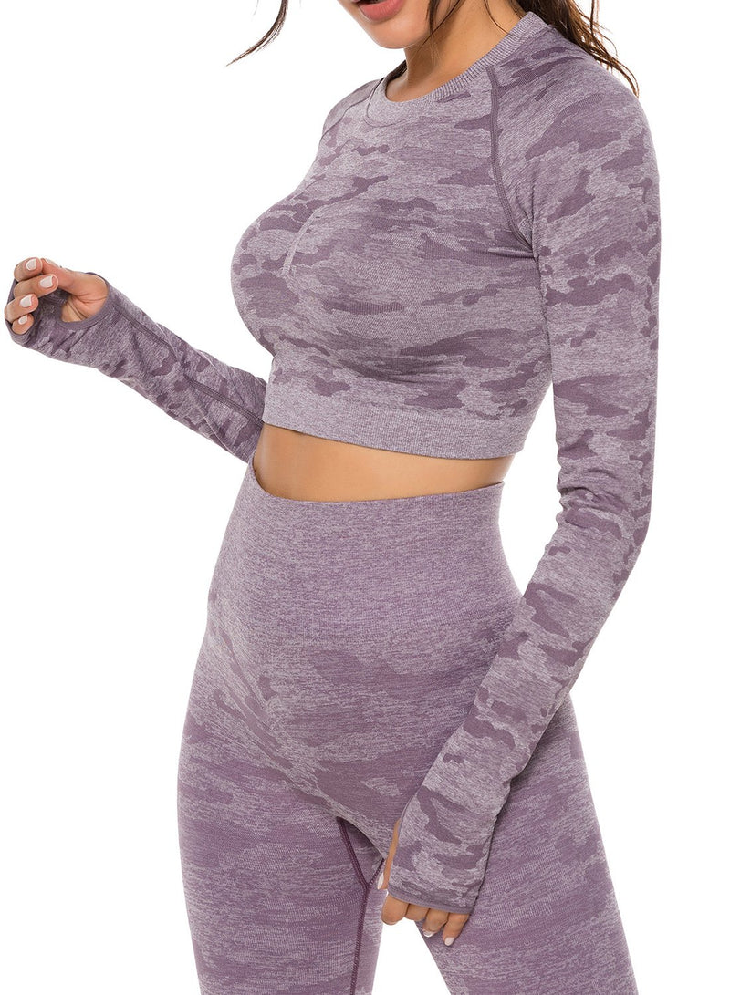 Women's Camouflage Seamless Back Hollow Pleating Yoga Top