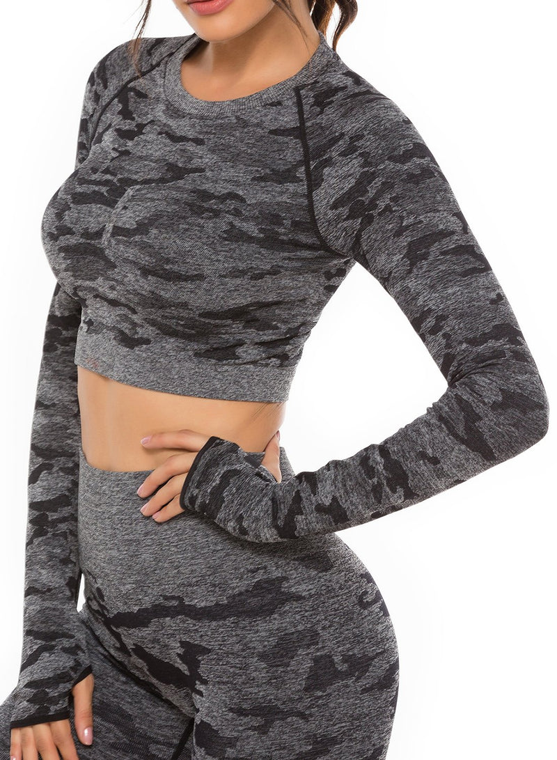 Women's Camouflage Seamless Back Hollow Pleating Yoga Top