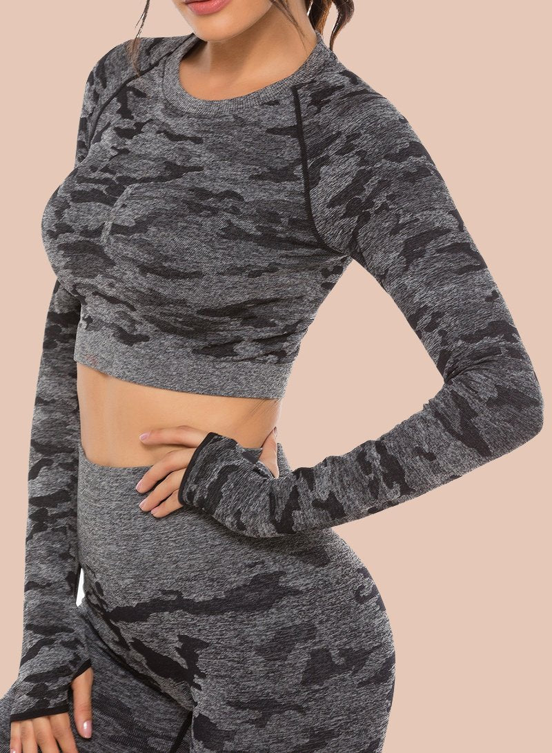 Women's Camouflage Seamless Back Hollow Pleating Yoga Top