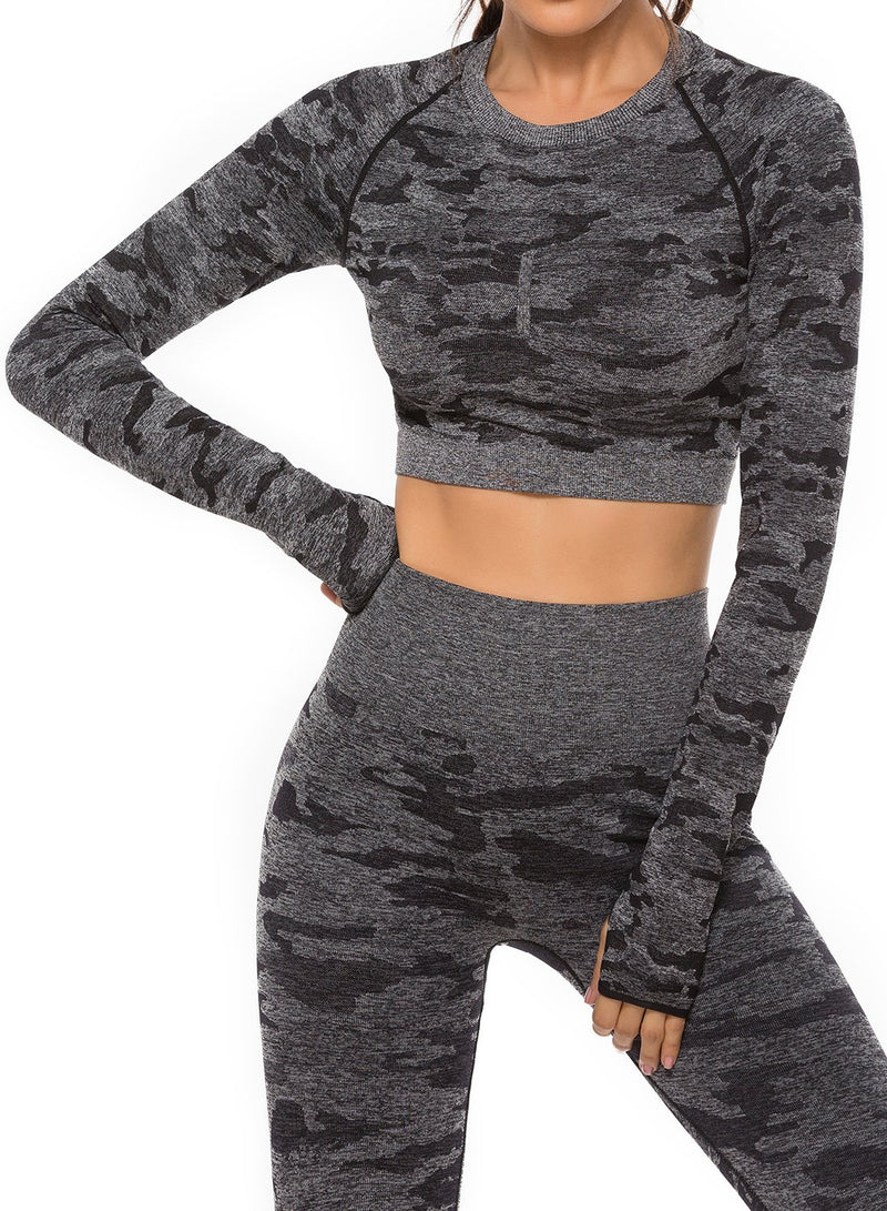 Women's Camouflage Seamless Back Hollow Pleating Yoga Top