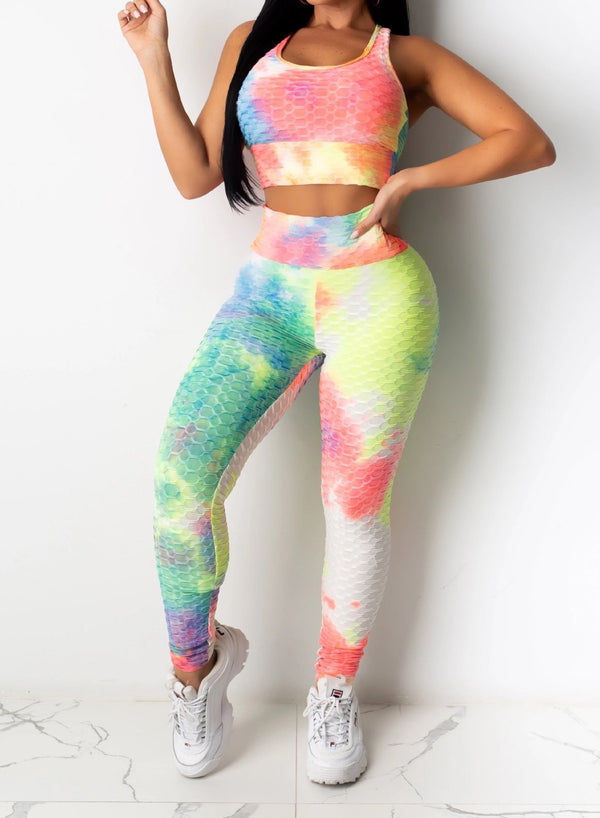 Woemn Tie Dyed Sports Tops and Leggings Sets