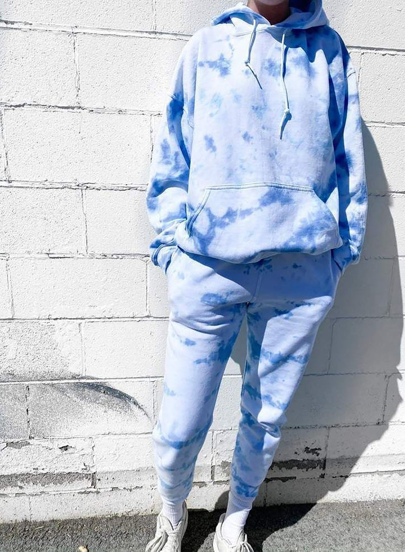 Sky Blue Comfy Women Tie Dyed Hoodie Sets