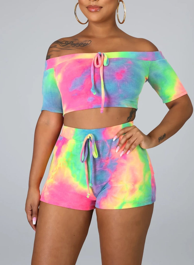 Tie-dyed Off Shoulder Tight Fit Two Pieces Set