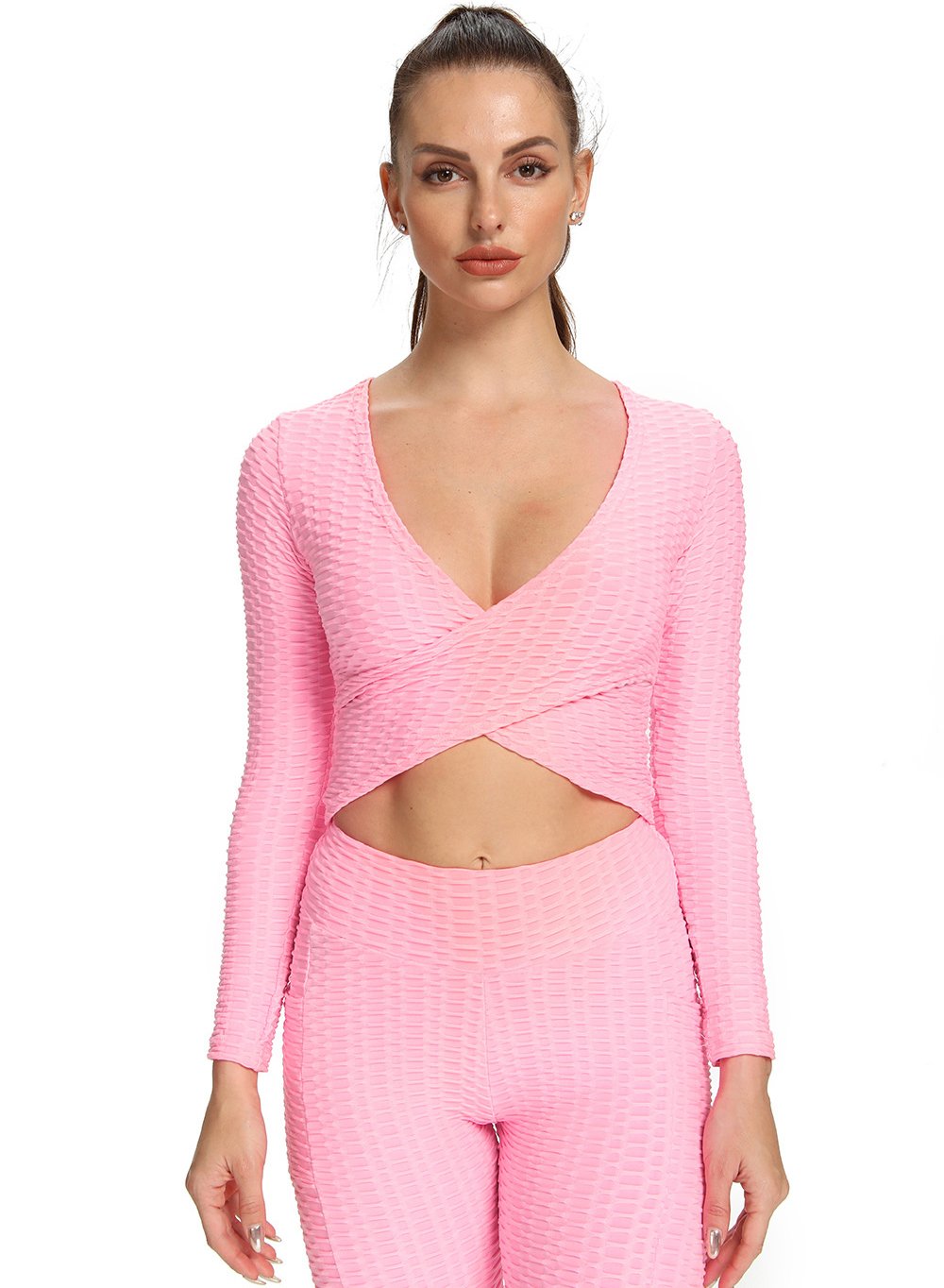 Sexy V Neck Long Sleeve Cross Design Women Sport Top