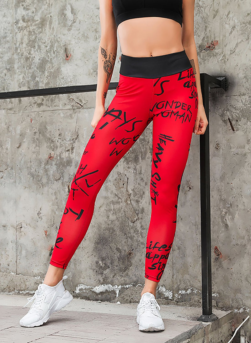 Comfy Breathable Red Letter Print Sports Leggings-JustFittoo