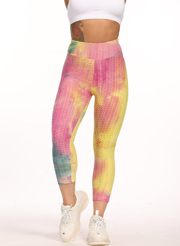 Stretchy Textured Tie-dyed Ruched Sports Cropped Leggings