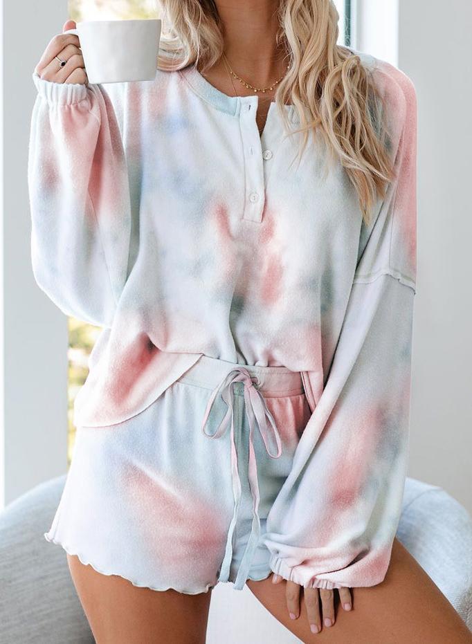 White+Light Purple Plus Size 3XL Tie-dyed Long Sleeve and Short Sets