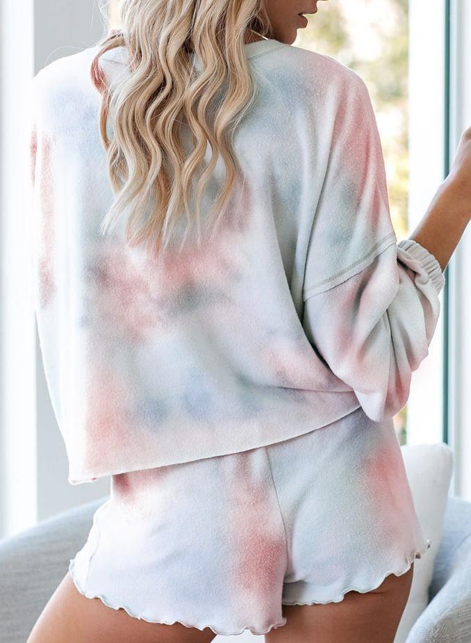 White+Light Purple Plus Size 3XL Tie-dyed Long Sleeve and Short Sets