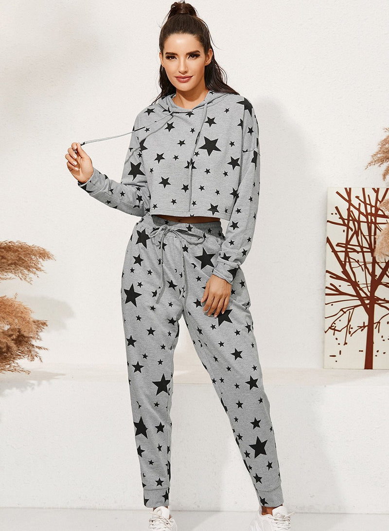 Star Print Casual Two Piece Set Hoodie