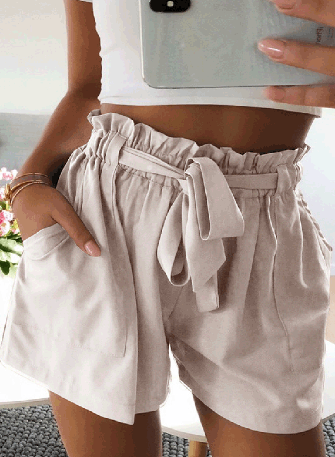 Elastic Waistband Paper Bag Shorts