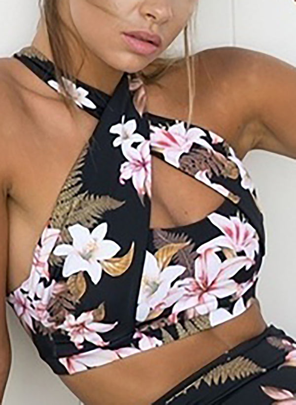 Floral Print Cross Neck Sports Top