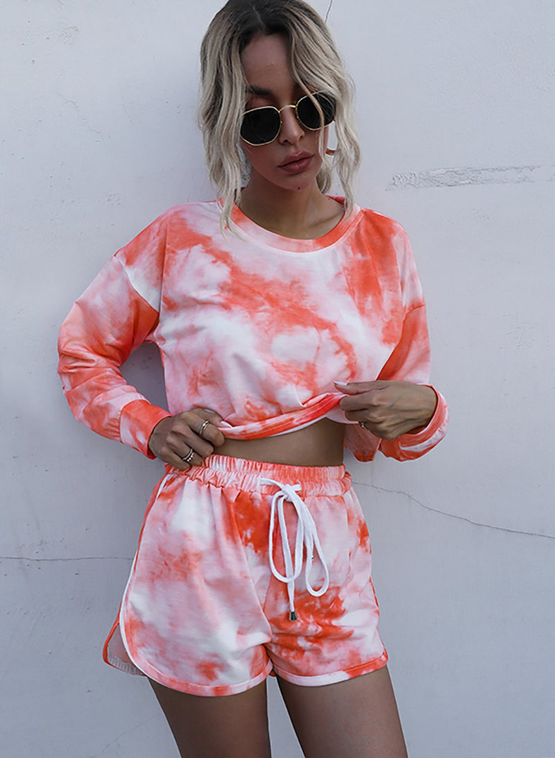 Tie Dyed Long Sleeve Crop Top and Casual Short Set