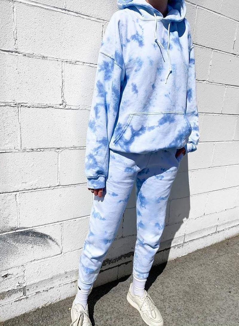 Sky Blue Comfy Women Tie Dyed Hoodie Sets