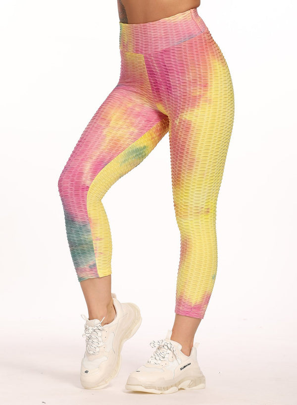 Stretchy Textured Tie-dyed Ruched Sports Cropped Leggings