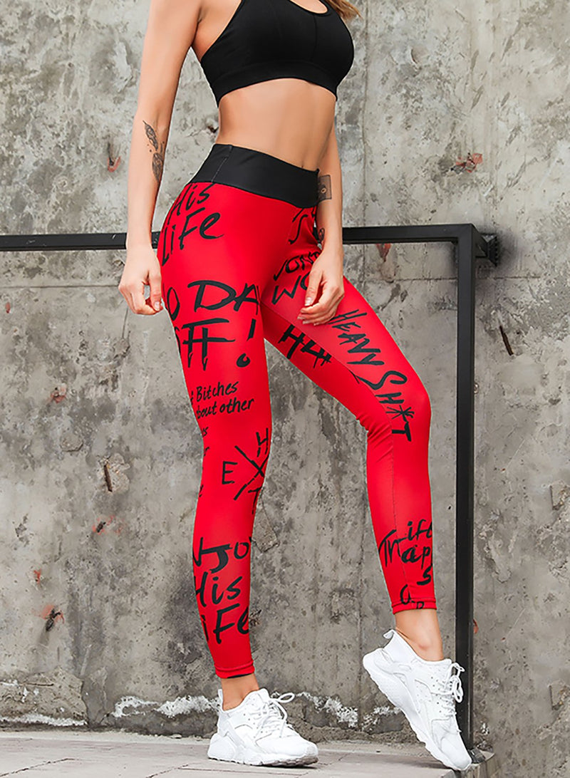 Comfy Breathable Red Letter Print Sports Leggings-JustFittoo