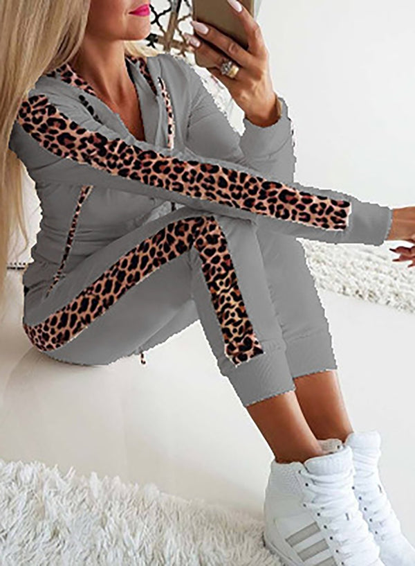 Women Long Sleeve Leopard Sport Two Pieces Set