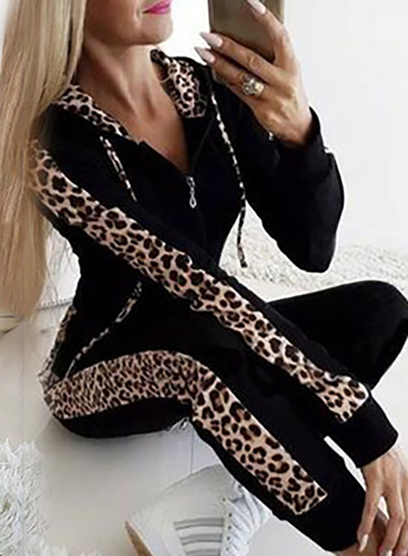 Women Long Sleeve Leopard Sport Two Pieces Set