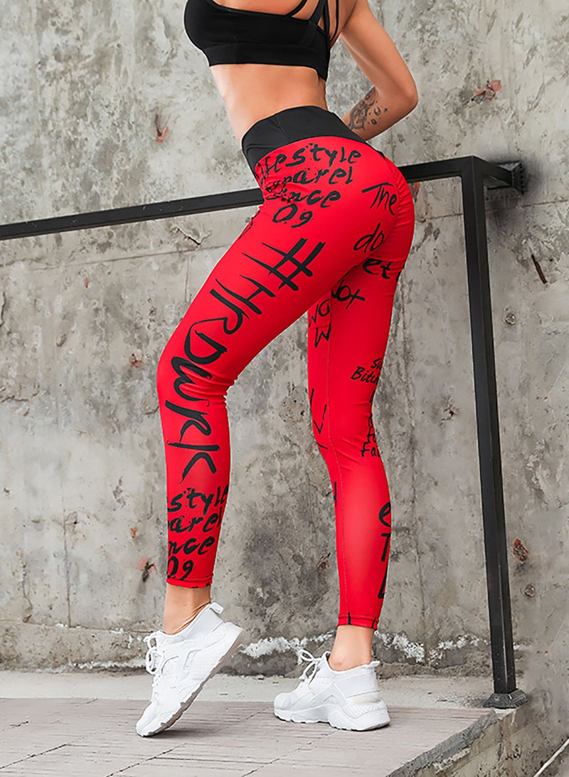 Comfy Breathable Red Letter Print Sports Leggings-JustFittoo