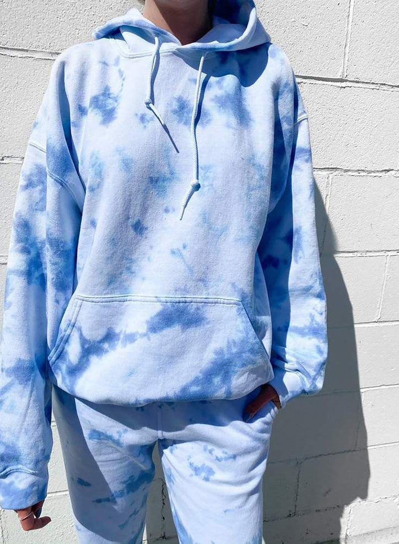 Sky Blue Comfy Women Tie Dyed Hoodie Sets