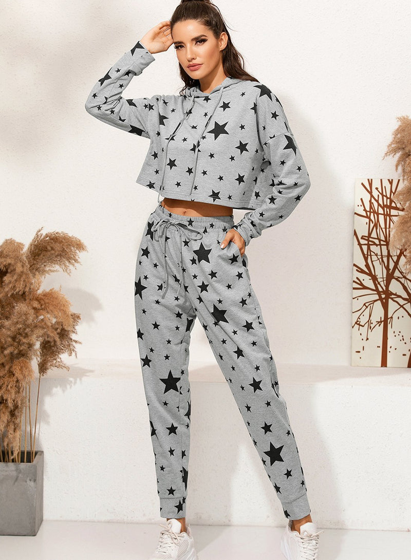 Star Print Casual Two Piece Set Hoodie