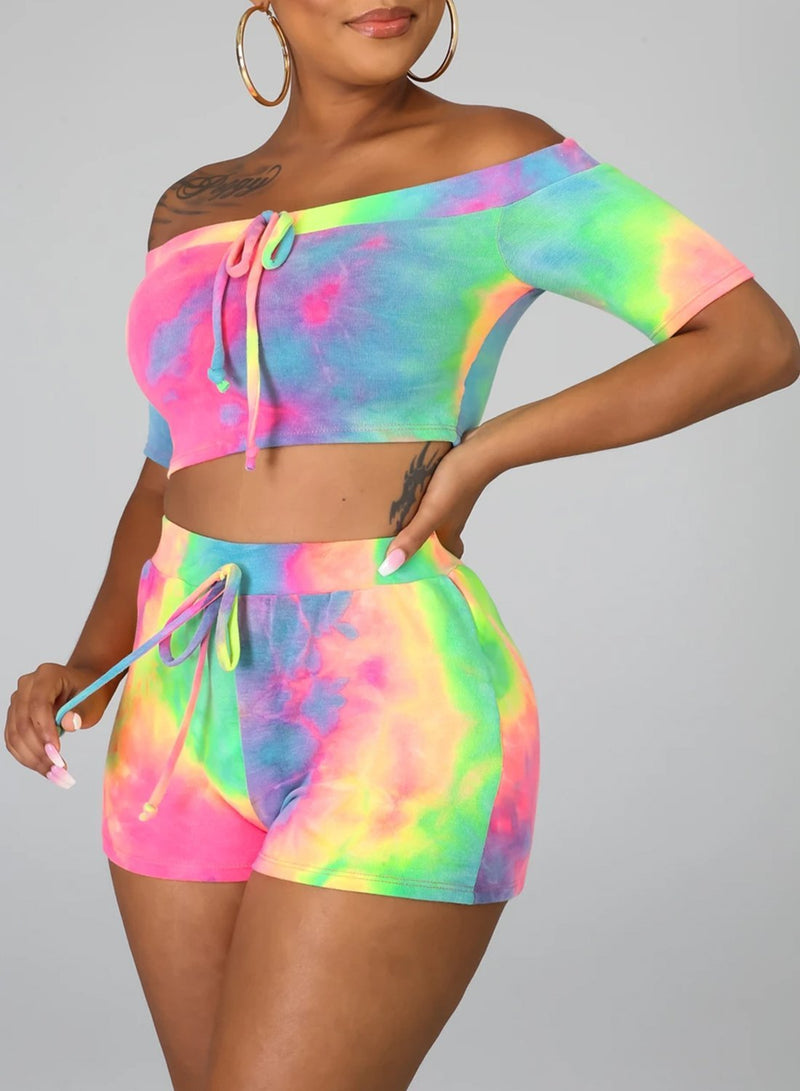 Tie-dyed Off Shoulder Tight Fit Two Pieces Set