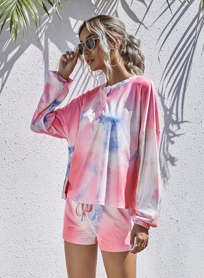 Tie Dyed Long Sleeve and Short Pants Casual Set