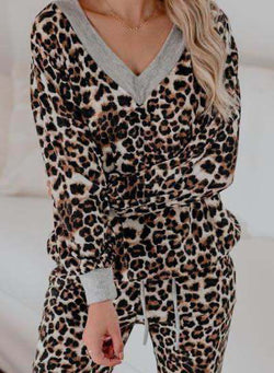 V-neck Soft Fall Long Sleeve Leopard Hoodie and Pant Suits