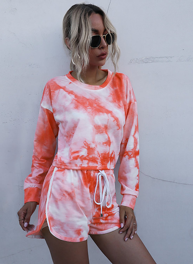 Tie Dyed Long Sleeve Crop Top and Casual Short Set