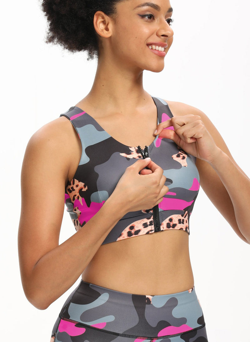 Women Zipper Camouflage Print Fitness Sport Bra