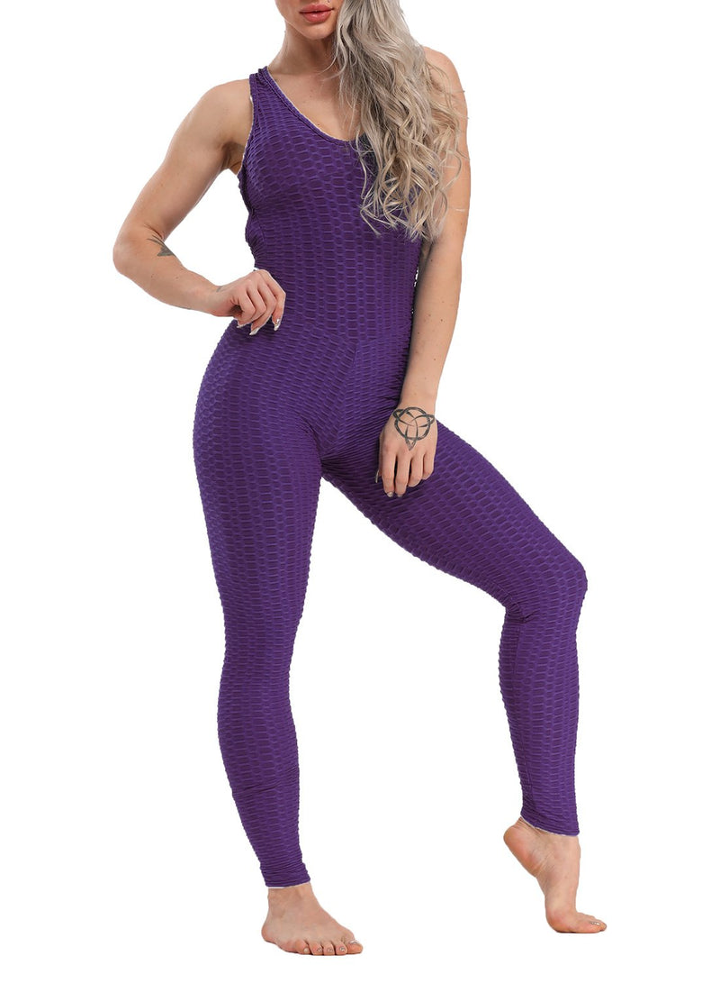 Women's Solid Color Backless Textured Yoga Jumpsuits