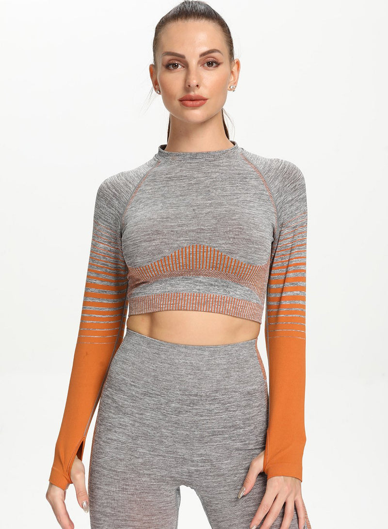 Women Contrast Color Long Sleeve Crop Sports Top