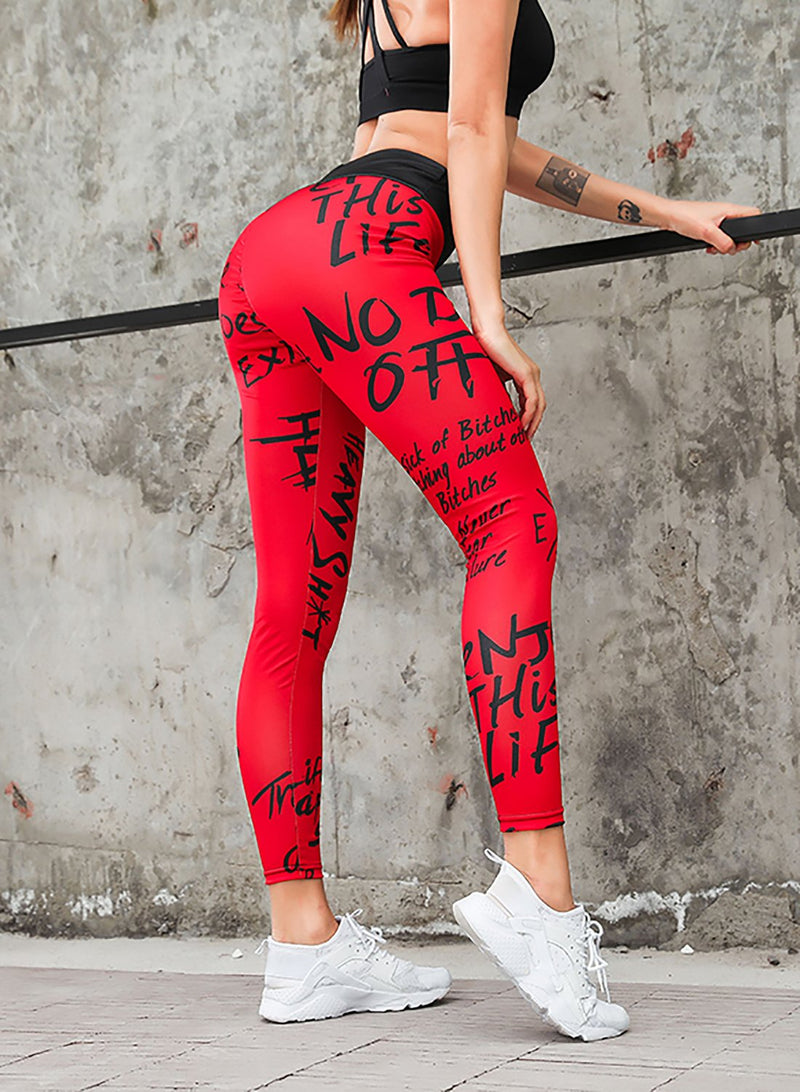Comfy Breathable Red Letter Print Sports Leggings-JustFittoo