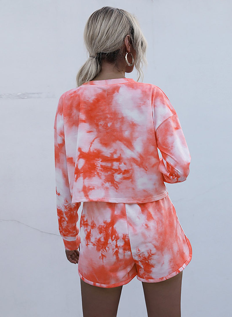Tie Dyed Long Sleeve Crop Top and Casual Short Set